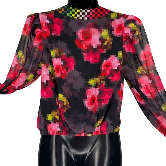 Le Superbe Women Cyber Floral Button Crop Blouse in Black/Multi Size 0 - Picture 6 of 10